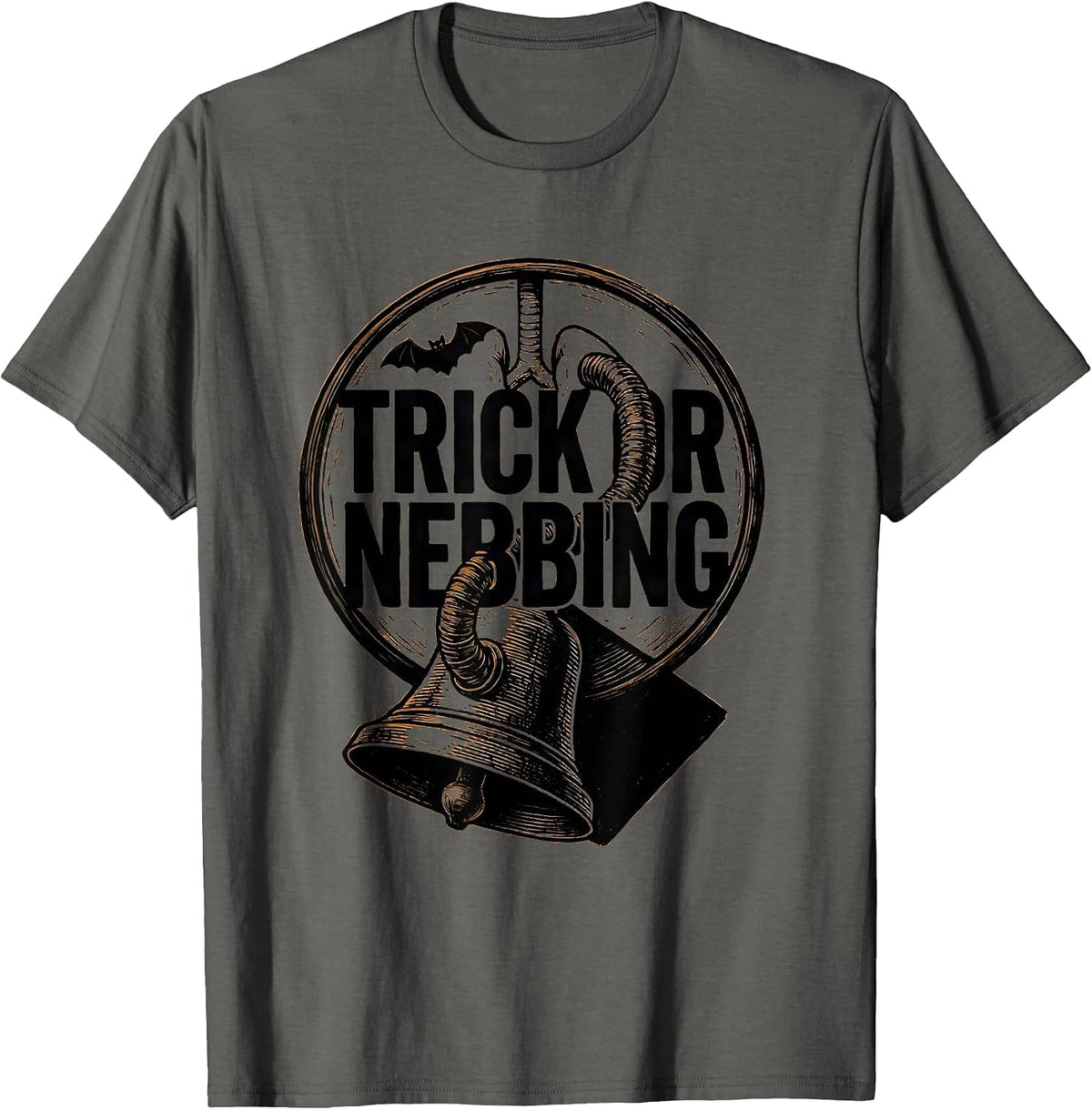 Trick Or Nebbing Linocut Respiratory Therapist Halloween T-Shirt - Asphalt Grey