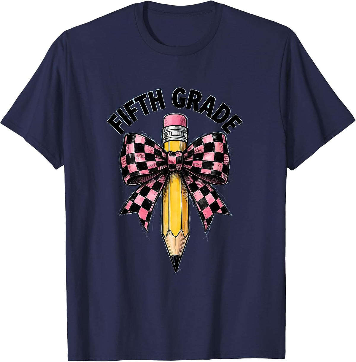 Fifth Grade Cute Coquette Bow Pencil Back To School Gift T-Shirt - Navy Blue