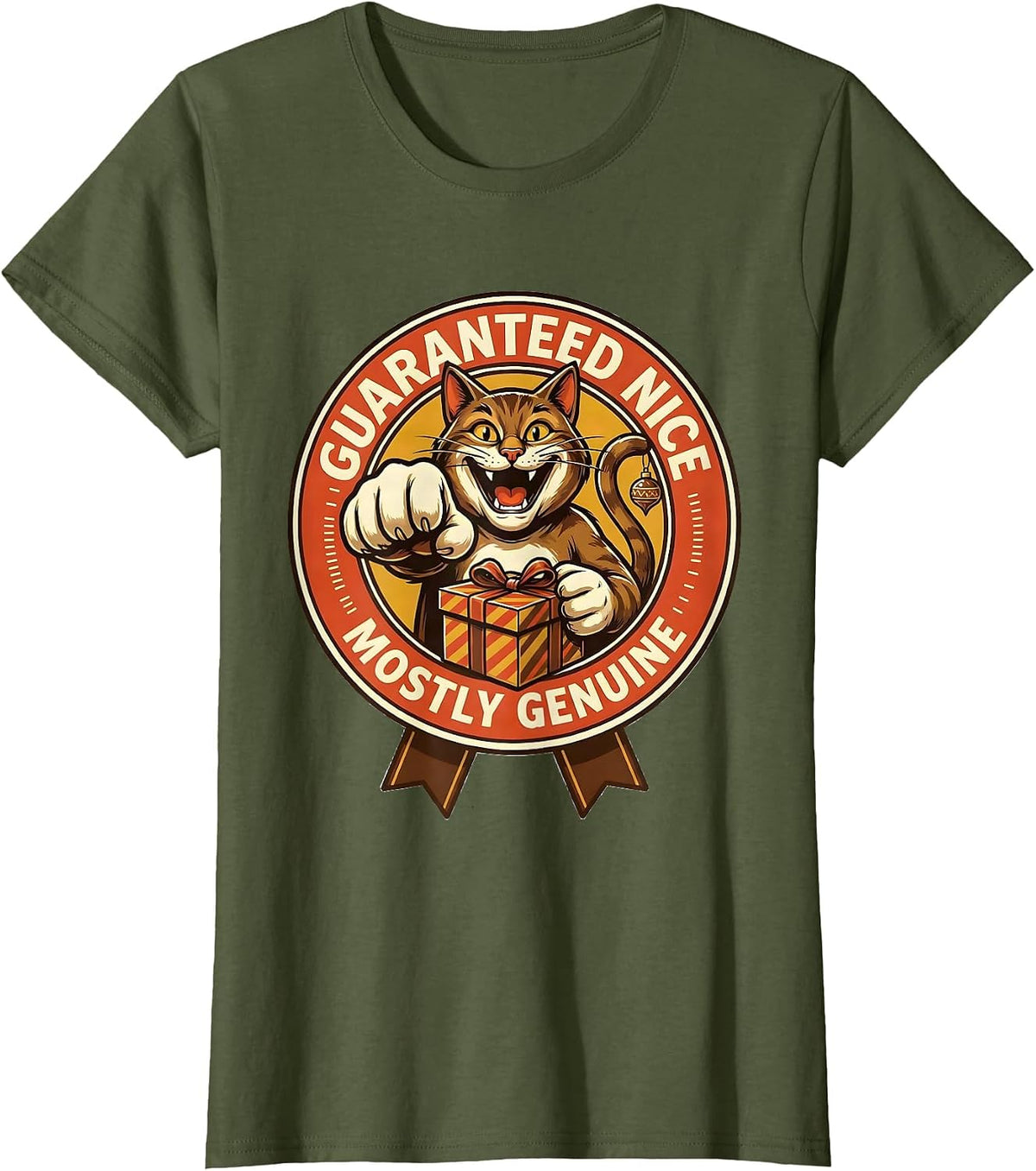 Women's Guaranteed Nice Mostly Genuine Retro Advertising Cat T-Shirt - Olive Green