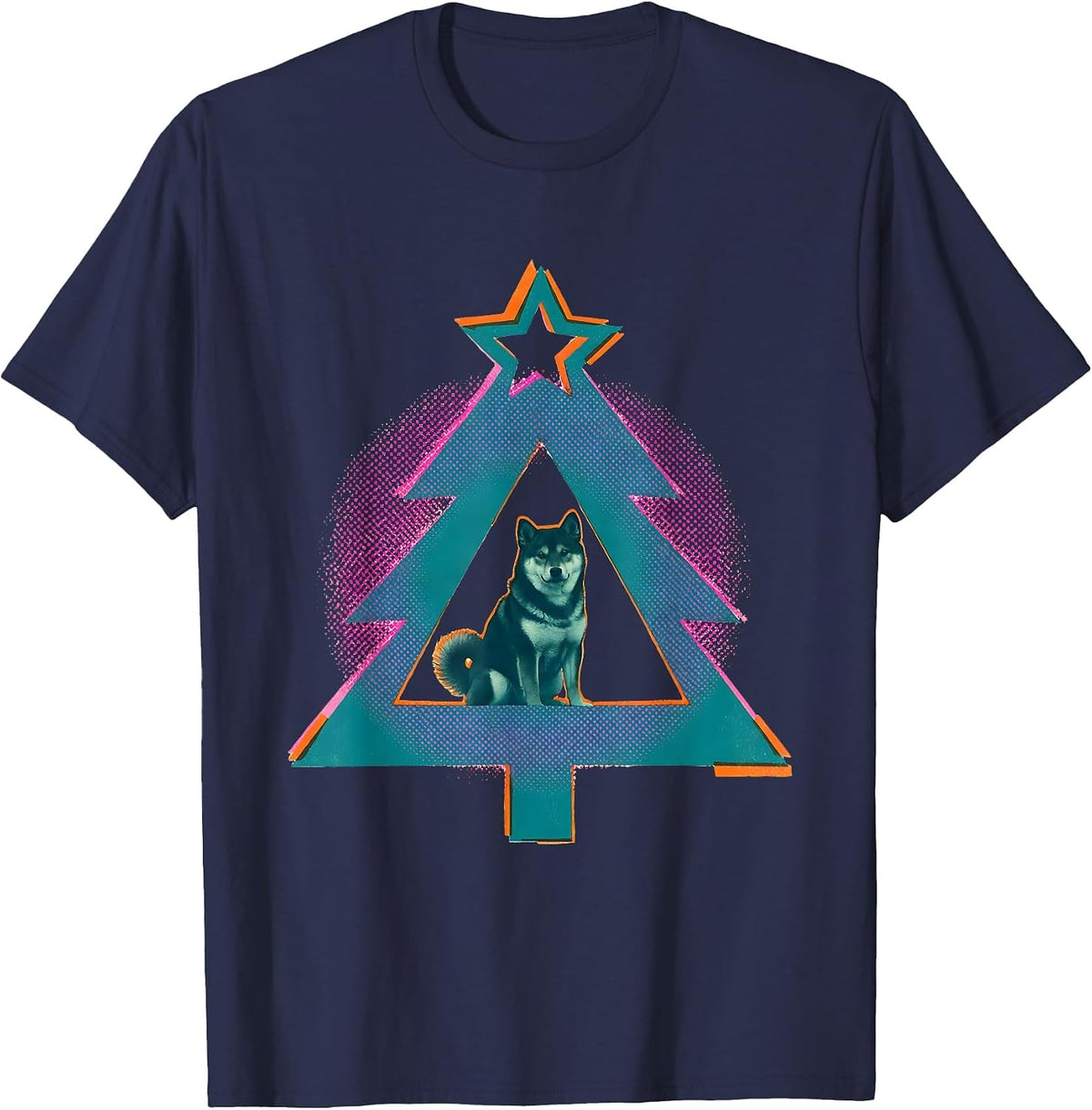 Triangular Christmas Tree Shiba Inu Dog Lover Humor T-Shirt - Navy Blue