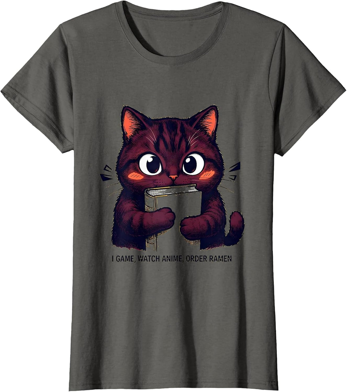 Women's I Game, Watch Anime, Order Ramen Funny Kawaii Anime Cat T-Shirt - Asphalt Grey