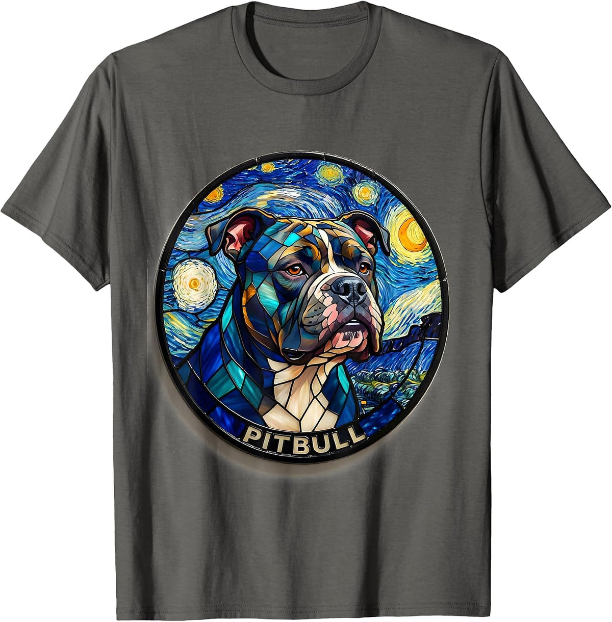 Pitbull Dog Van Gogh Style Starry Night Art Tribute T-Shirt - Asphalt Grey