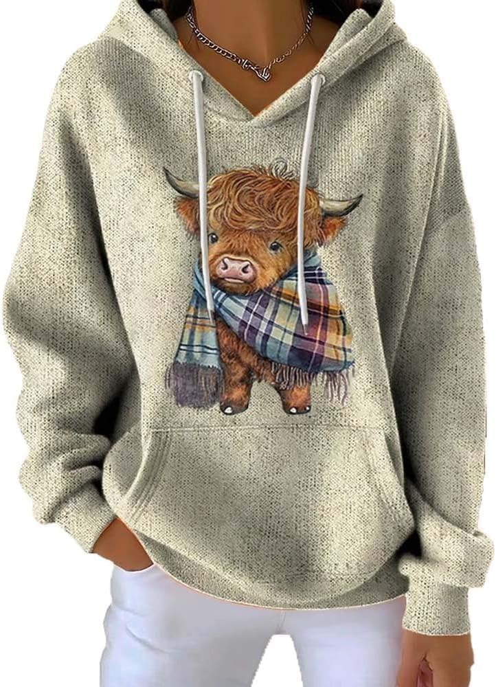 Women's Western Cute Highland Cow Print Casual Sweatshirt Cozy Season Funny Top - Khaki