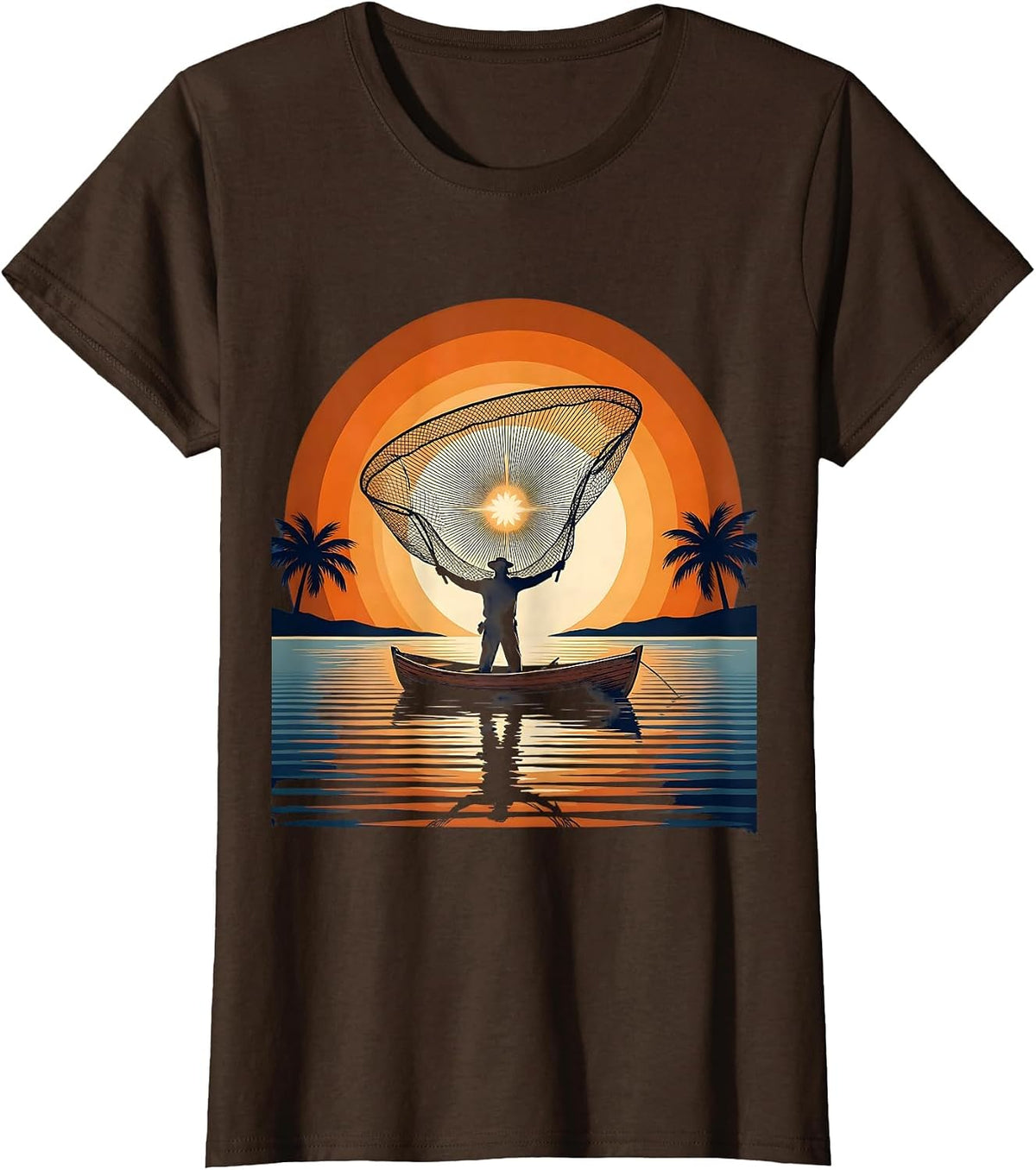 Women's Puerto Rico Fisherman Sunset Casting Net Art T-Shirt - Brown