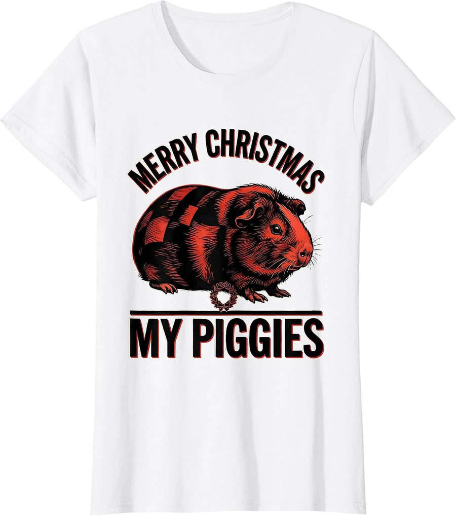 Women's Merry Christmas My Piggies Funny Guinea Pig Pet Lover Humor T-Shirt - White