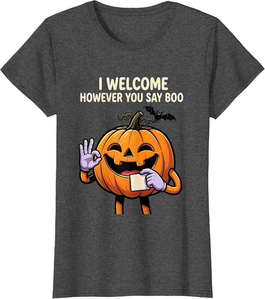 Women's I Welcome However You Say Boo Cartoon Halloween SLP Teacher T-Shirt - Dark Heather Grey