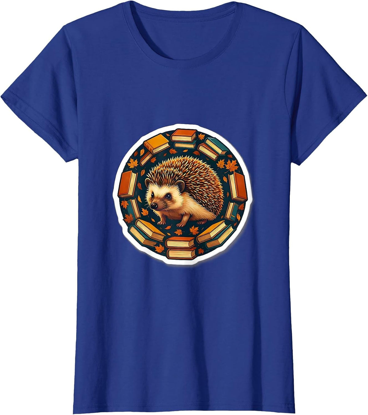 Women's Fall Teacher Hedgehog with Stacked Books Design T-Shirt - Royal Blue