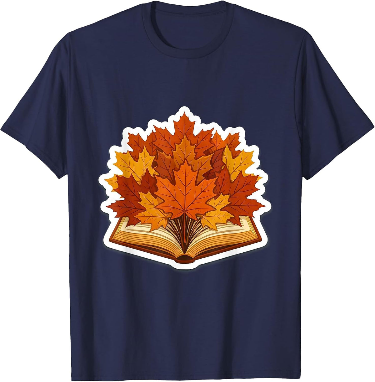 Men's Teacher Fall Open Book Maple Leaves Autumn Design T-Shirt - Navy Blue
