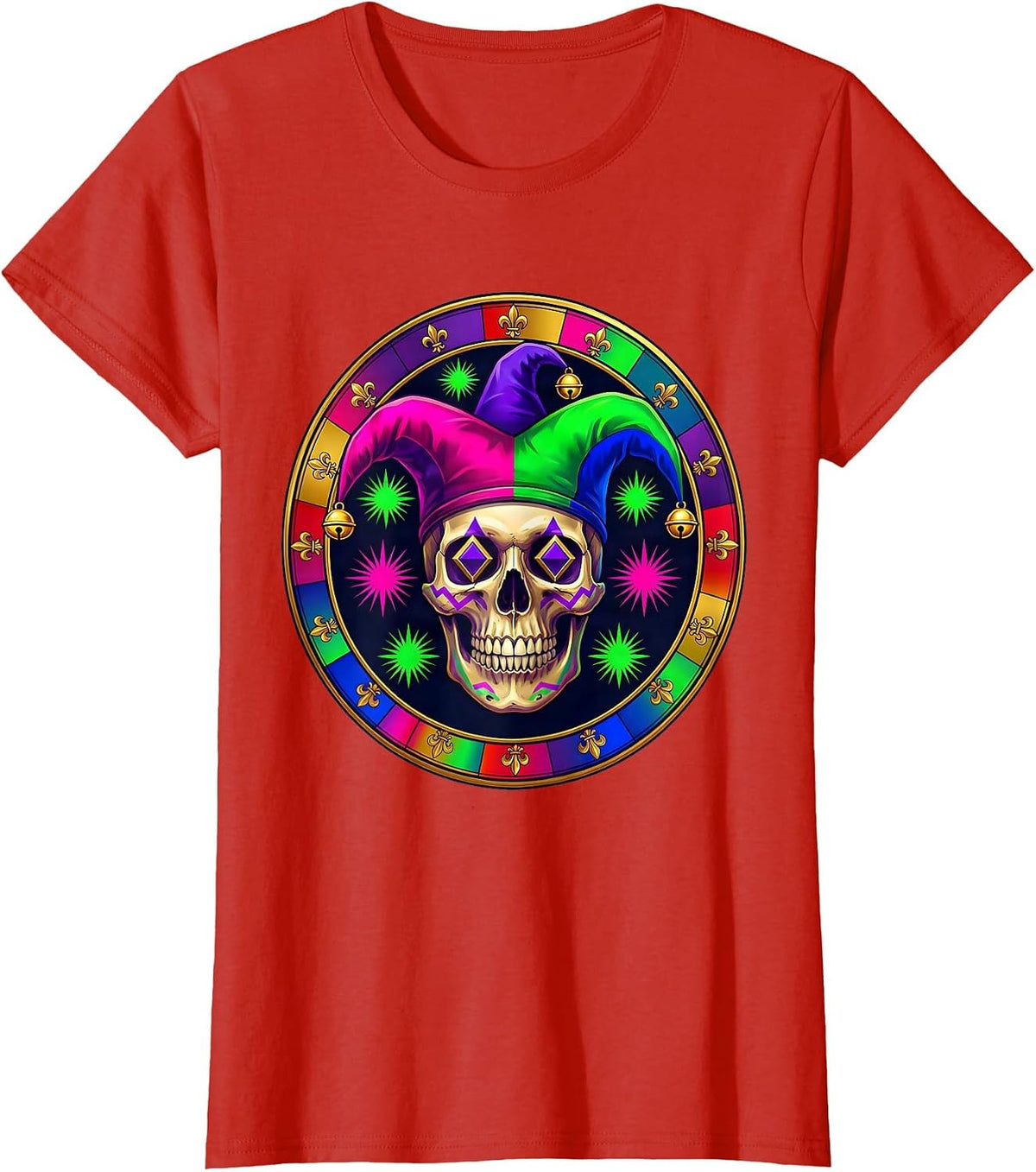 Women's Mardi Gras Jester Skull Three-Pointed Bell Hat T-Shirt - Red