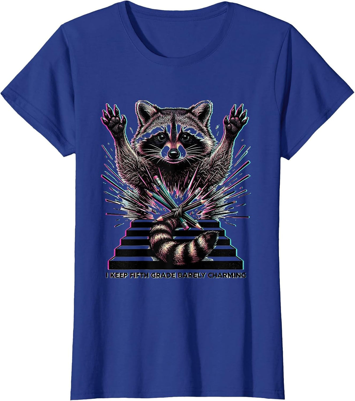 Women's I Keep Fifth Grade Barely Charming Funny Teacher Raccoon T-Shirt - Royal Blue