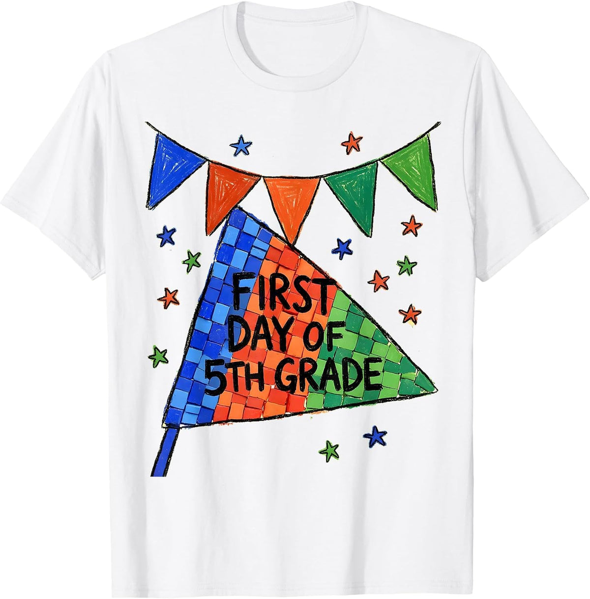 Men's First Day of 5th Grade Naive Kidcore Back to School Pennant T-Shirt - White