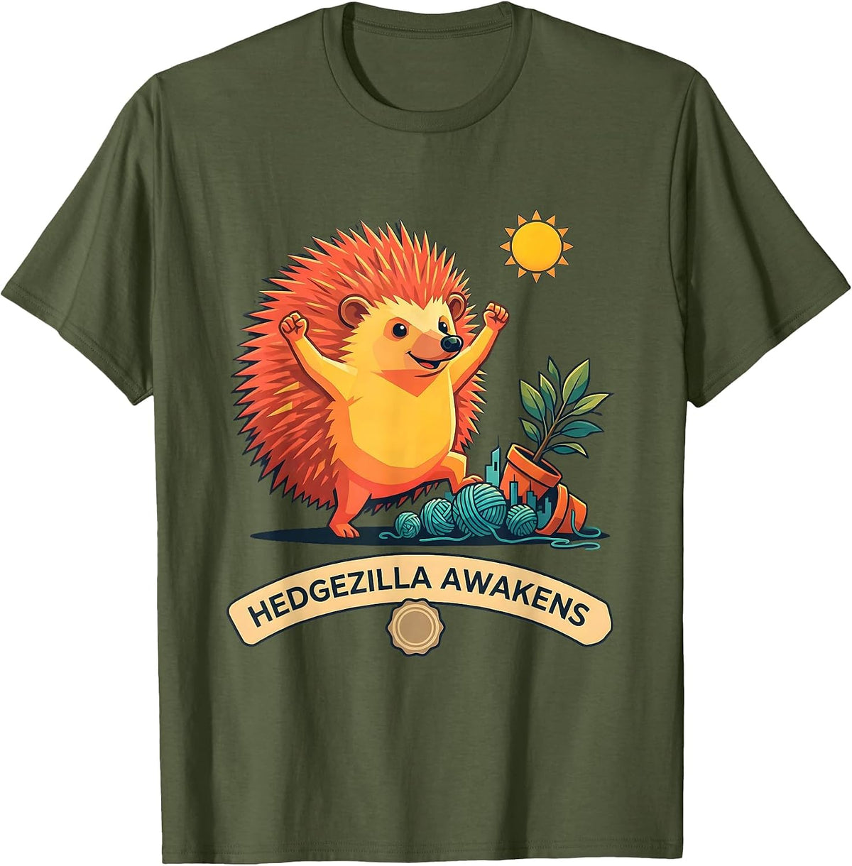 Hedgezilla Awakens Funny Hedgehog Anime Novelty Humor T-Shirt - Olive Green