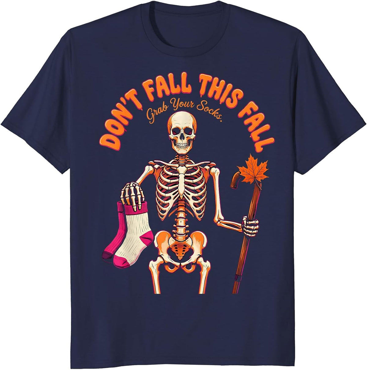 Men's Don't Fall This Fall Grab Your Socks Funny Skeleton Nurse T-Shirt - Navy Blue