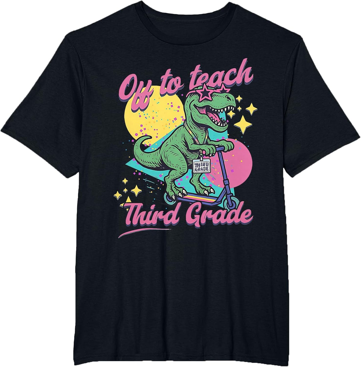 Off to Teach Third Grade Retro Dinosaur Scooter Teacher 3rd T-Shirt - Black