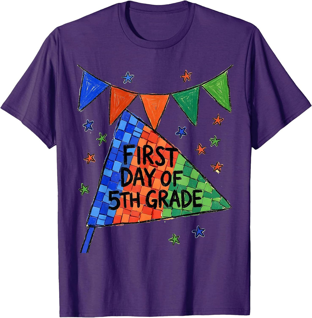 Men's First Day of 5th Grade Naive Kidcore Back to School Pennant T-Shirt - Purple