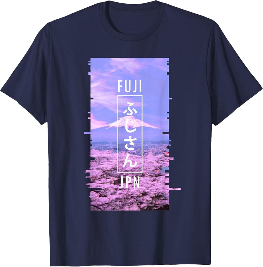 Mt Fuji Japan Glitch Art - Japanese Otaku Vaporwave T-Shirt - Navy Blue