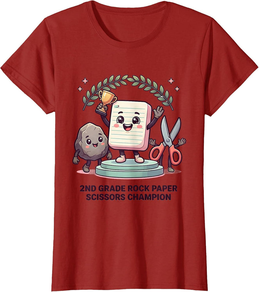 2nd Grade Rock Paper Scissors Champion Cute Kawaii Back T-Shirt, Women, Cranberry Red, XX-Large - As Pictured