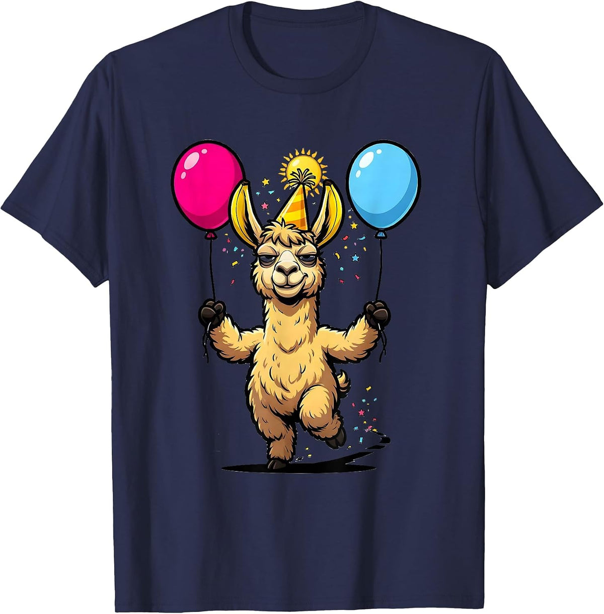 Men's Llama Party Hat Cartoon Funny Animal Lover Gift T-Shirt - Navy Blue