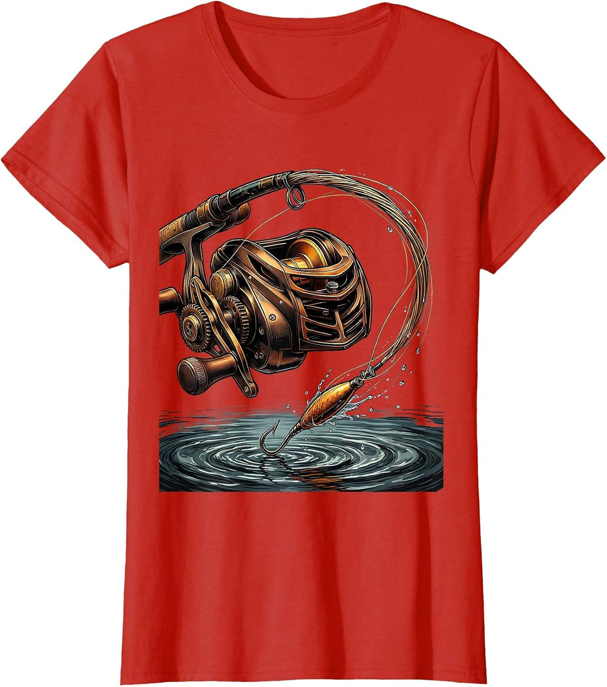 Fishing Reel Line Cast Graphic Tee T-Shirt - Red