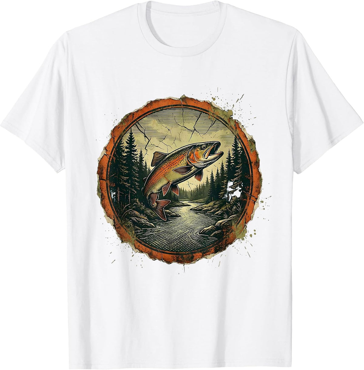 Men's Trout Stream Pine Forest Fly Fishing Illustration T-Shirt - White