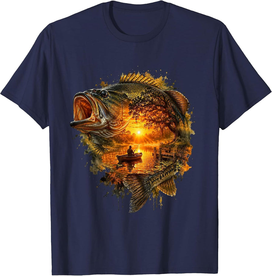 Largemouth Bass Fishing Fish Sunset Fisherman Men Women Kids T-Shirt - Navy Blue