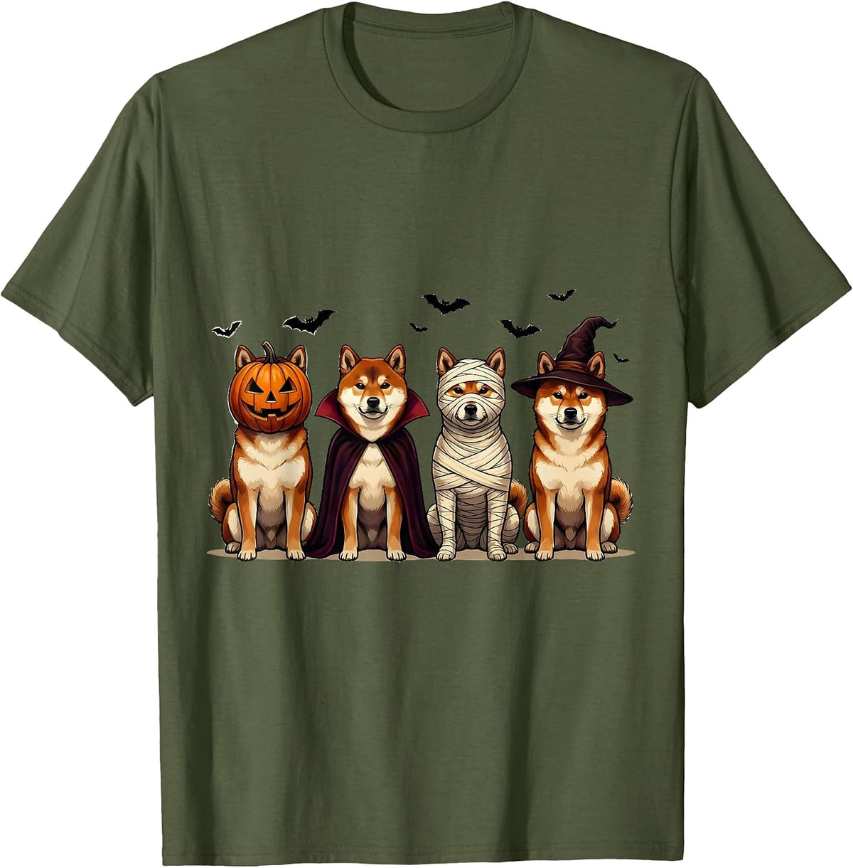 Men's Halloween Shiba Inu Squad Pumpkin Vampire Mummy Witch Dog T-Shirt - Olive Green