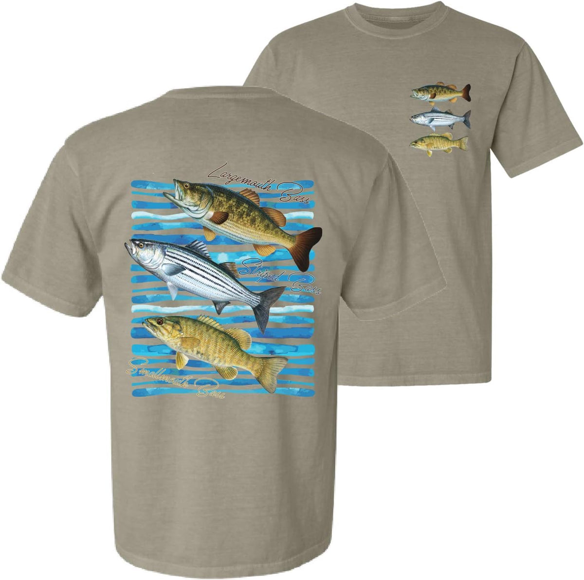 Largemouth Striped Smallmouth Big Bass Fish Fishing Garment-Dyed Washed Look Short Sleeve T-Shirt - Sand