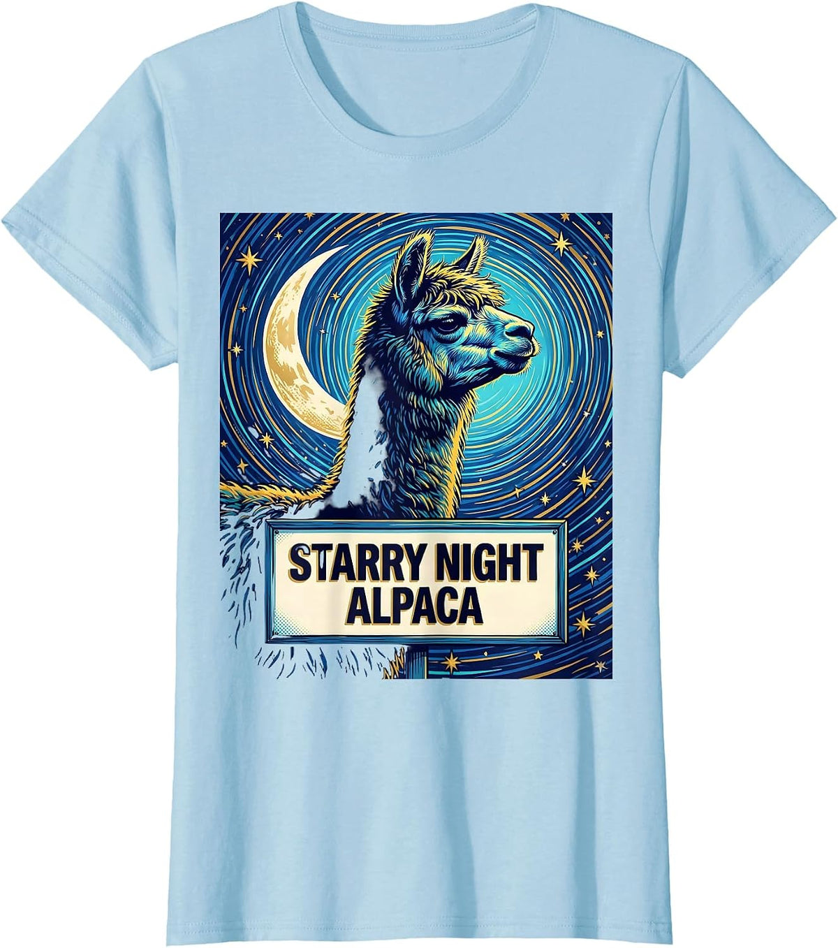 Women's Starry Night Alpaca Pop Art Alpaca Lover Van Gogh Style T-Shirt - Baby Blue