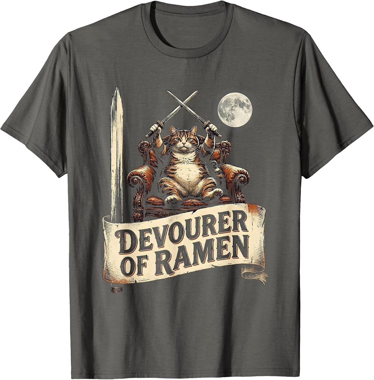 Men's Devourer of Ramen Vintage Chubby Cat Anime Funny Graphic T-Shirt - Asphalt Grey