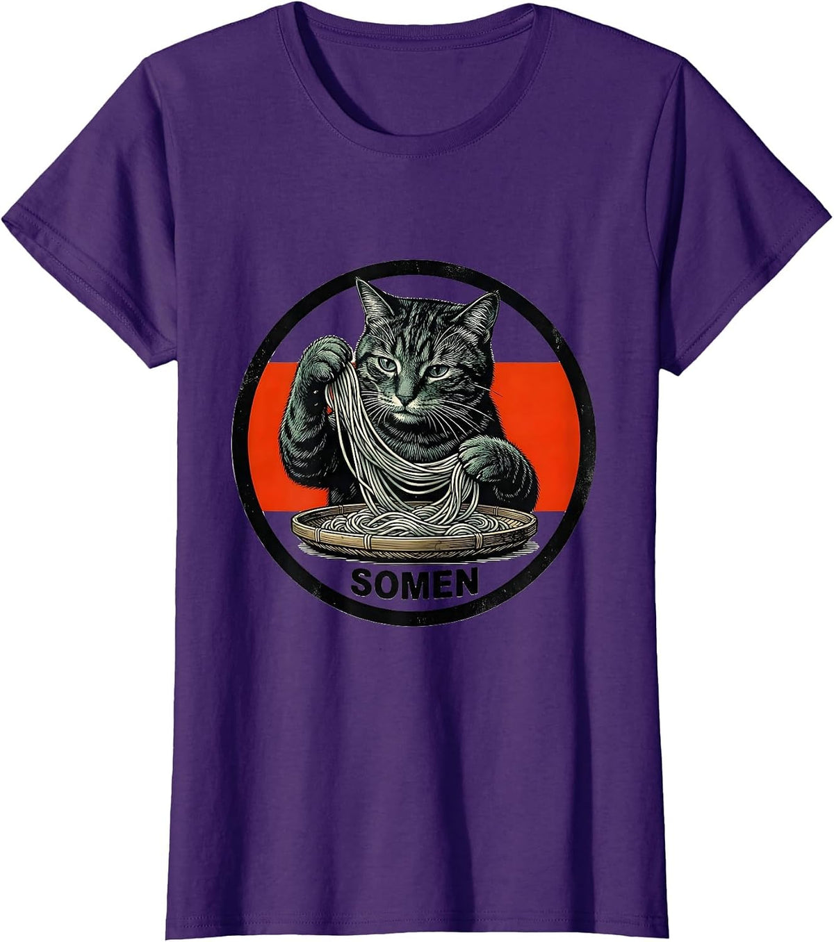 Women's SOMEN Vintage Poster Relief Cat Ramen Kawaii Anime Gift T-Shirt - Purple