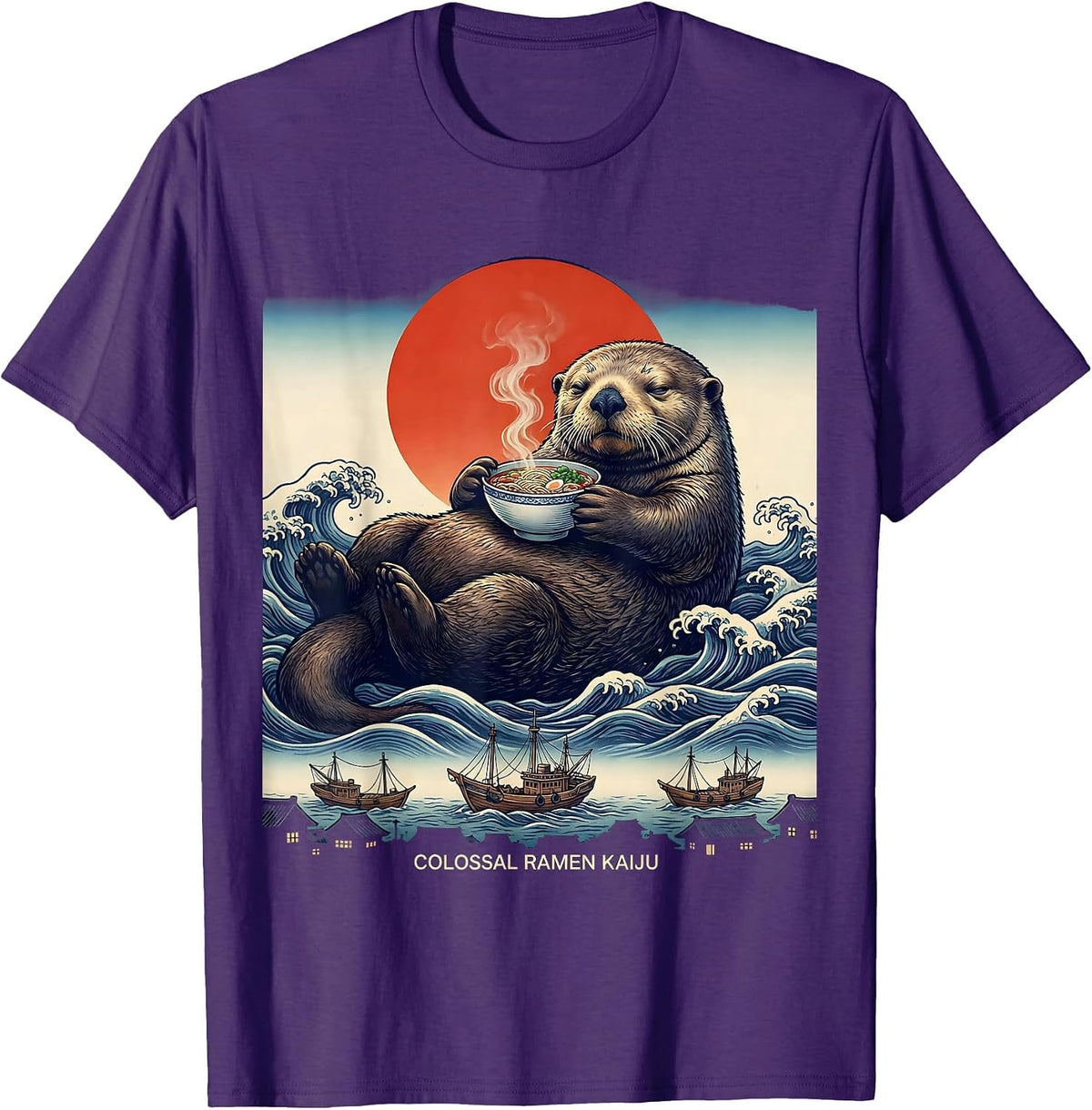 Men's Colossal Ramen Kaiju Ukiyo-e Japanese Pop Culture Streetwear T-Shirt - Purple