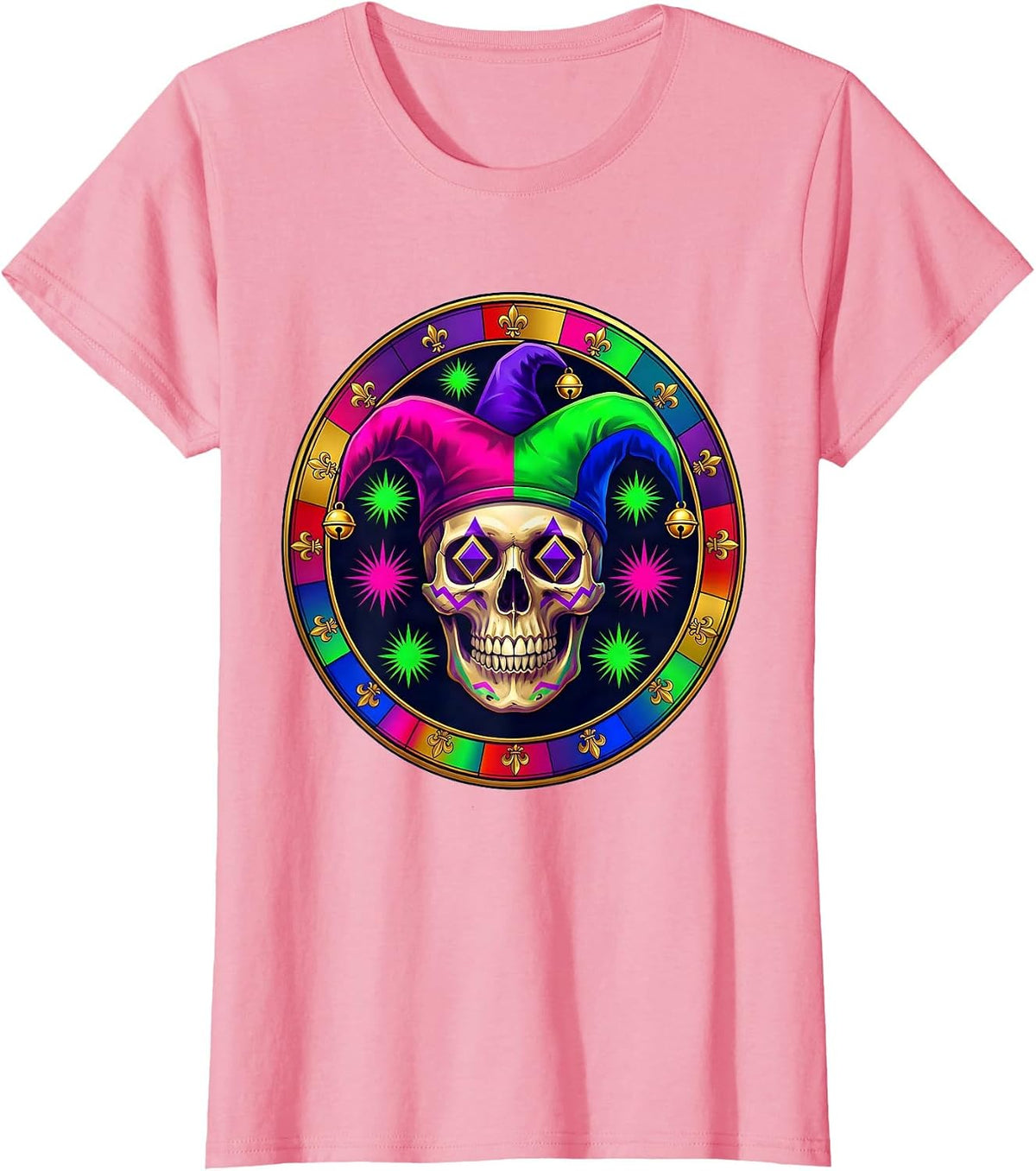 Women's Mardi Gras Jester Skull Three-Pointed Bell Hat T-Shirt - Pink