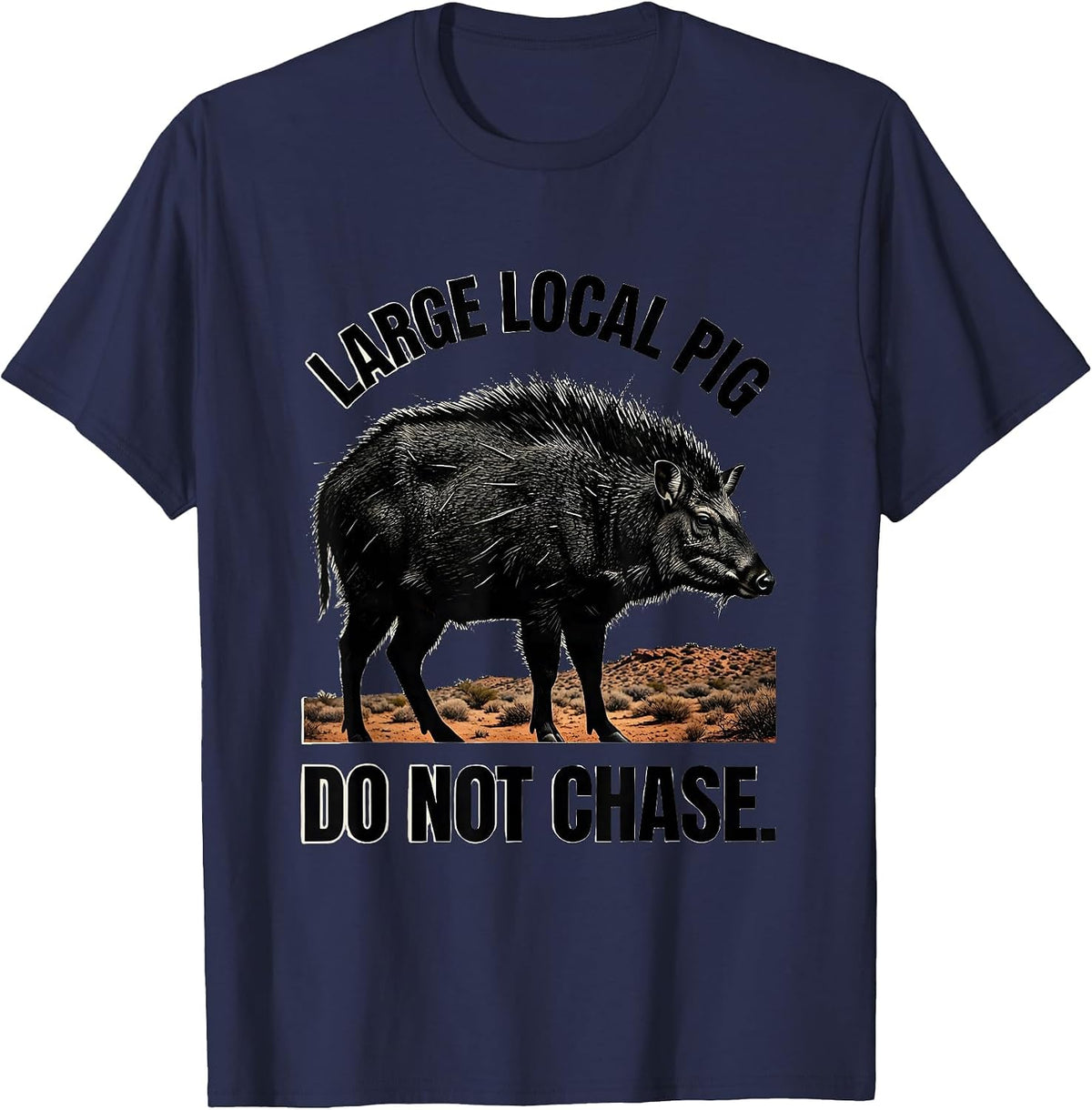 Large Local Pig, Do Not Chase Retro National Park Travel T-Shirt - Navy Blue