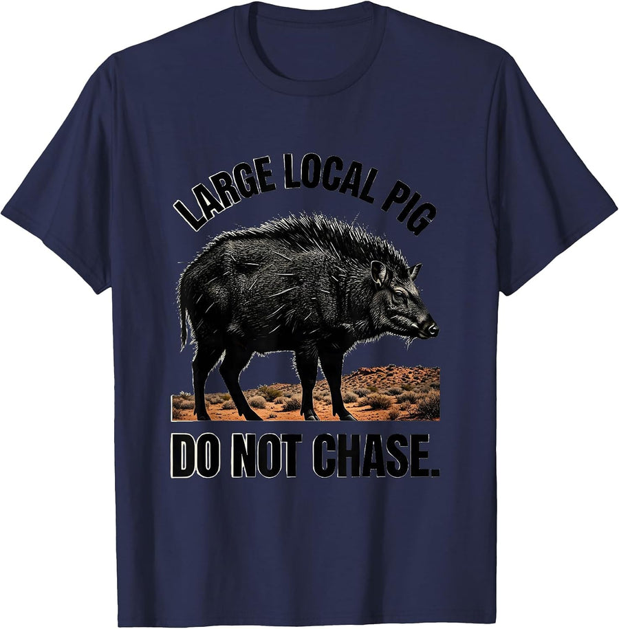 Large Local Pig, Do Not Chase Retro National Park Travel T-Shirt - Navy Blue