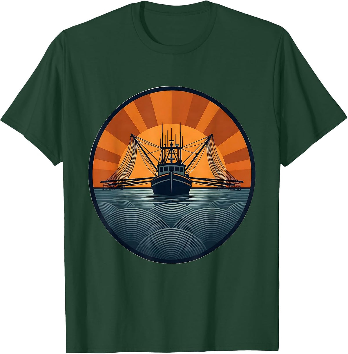 Gulf of America Shrimper Silhouette Sunset T-Shirt - Dark Green