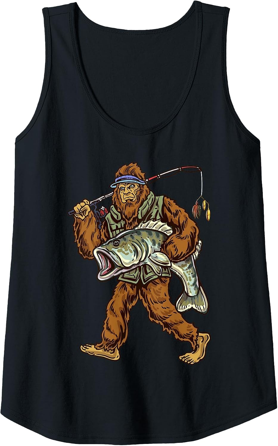 Largemouth Bass Fishing Bigfoot Fisherman Tank Top - Black