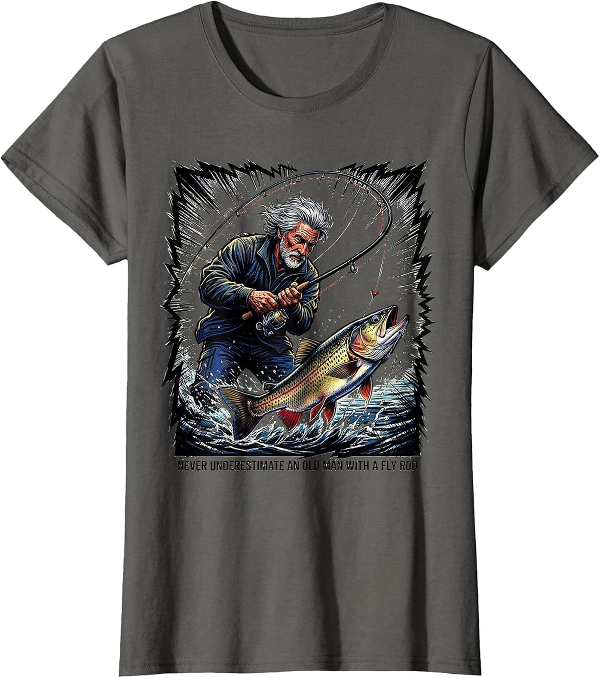 Women's Never Underestimate An Old Man With A Fly Rod Comic T-Shirt - Asphalt Grey