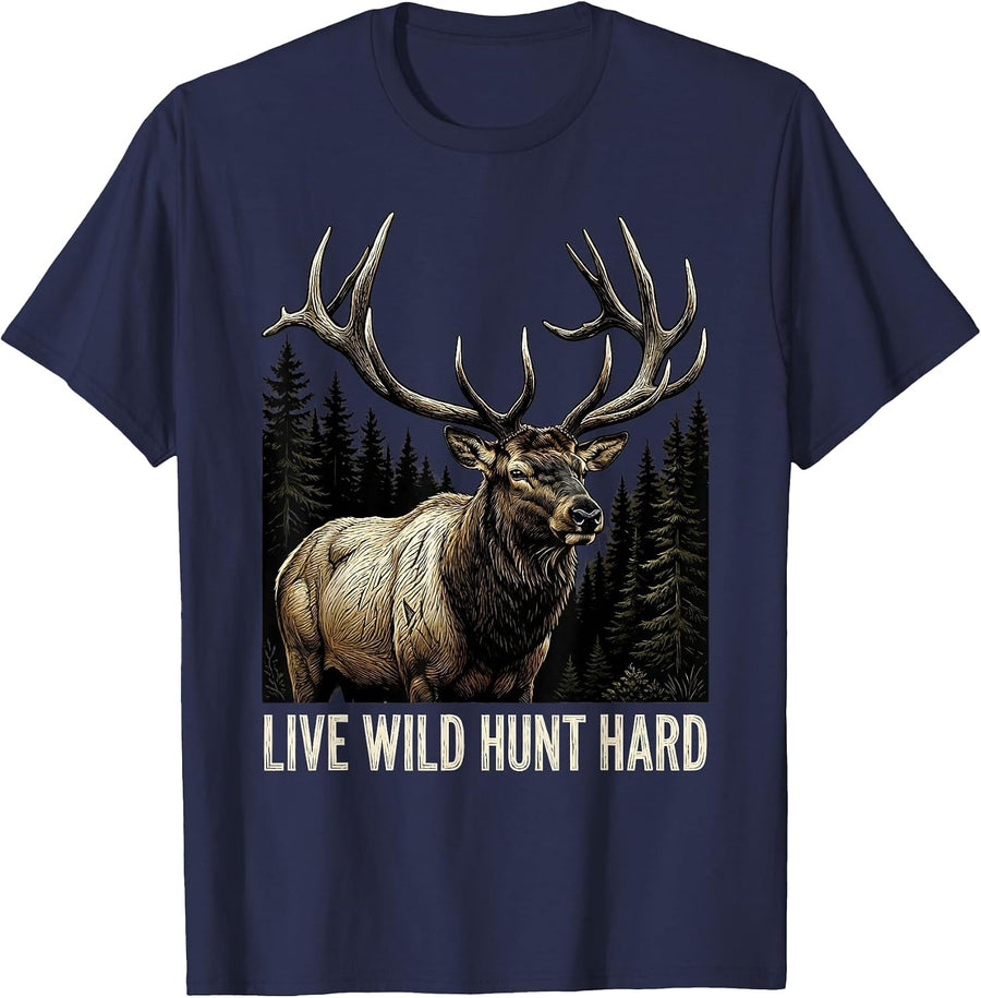 Live Wild Hunt Hard Camo Hunting Design T-Shirt - Navy Blue