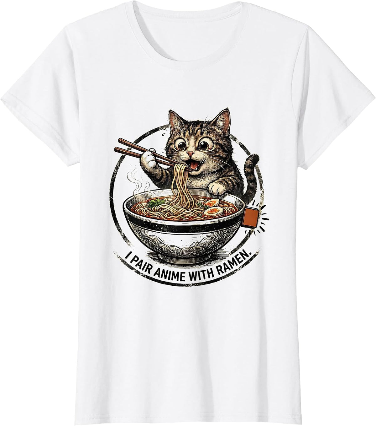 I Pair Anime With Ramen Kawaii Cat Anime Gift T-Shirt - White