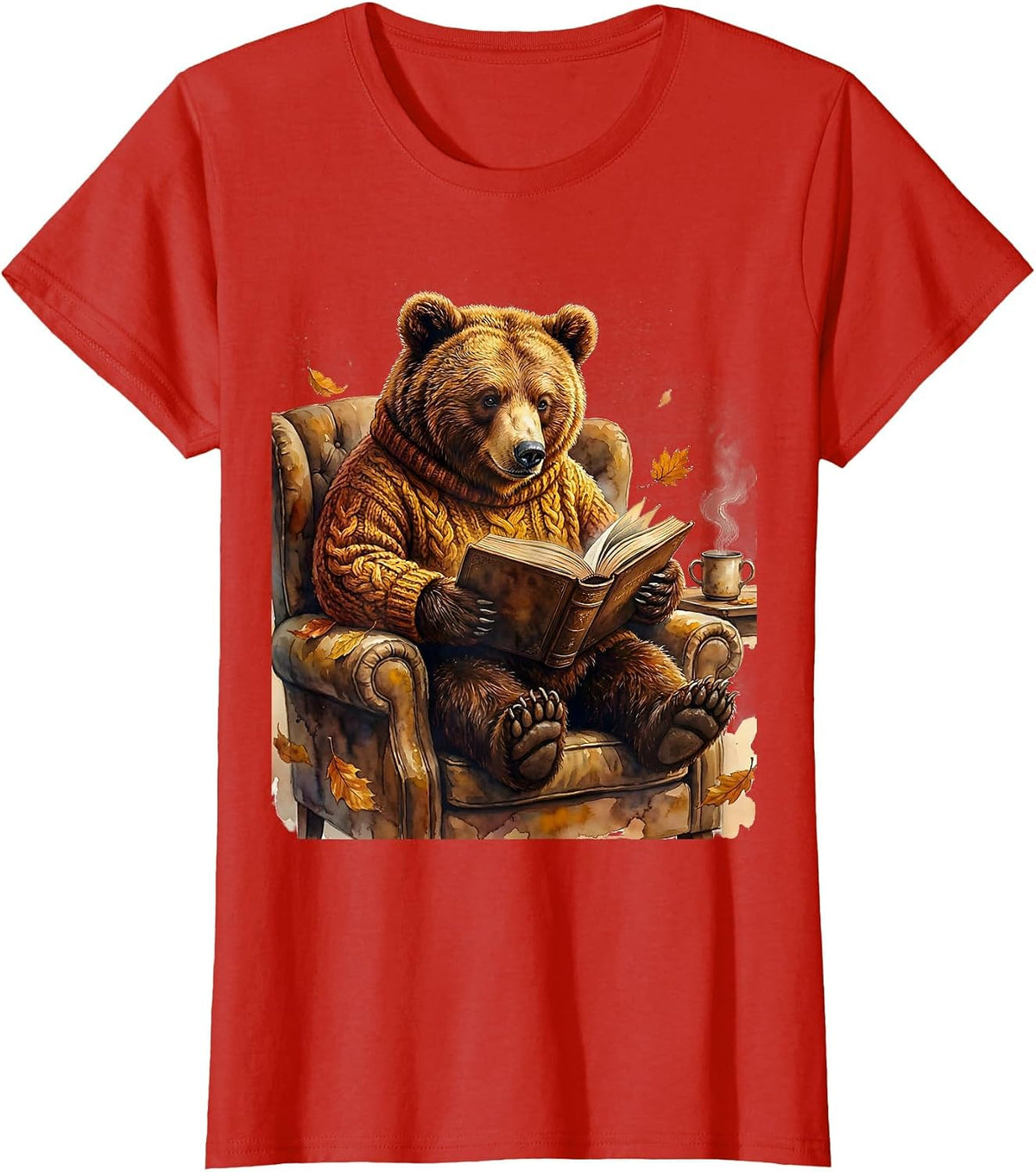 Women's Fall Teacher Bear Reading Book Illustration T-Shirt - Red