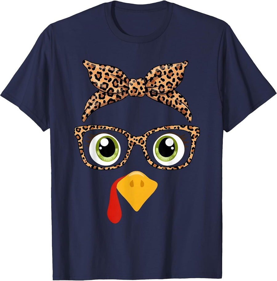 Turkey Face Girl Leopard Bow Headband Glasses Thanksgiving T-Shirt - Navy Blue