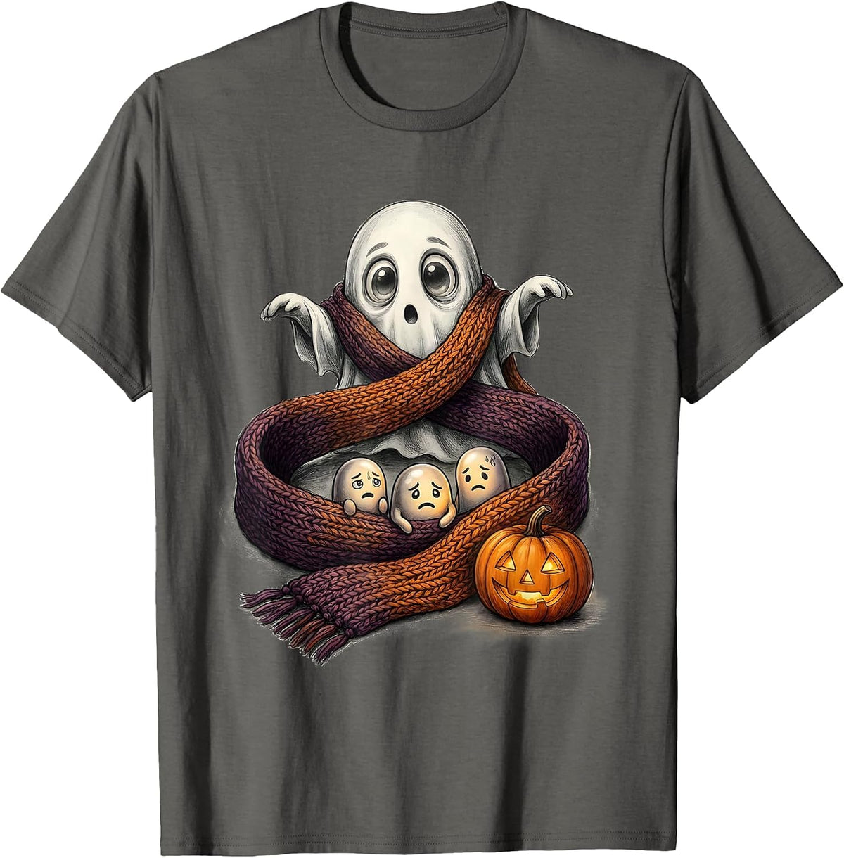Friendly Ghost Scarf Mental Health Awareness Halloween T-Shirt - Asphalt Grey