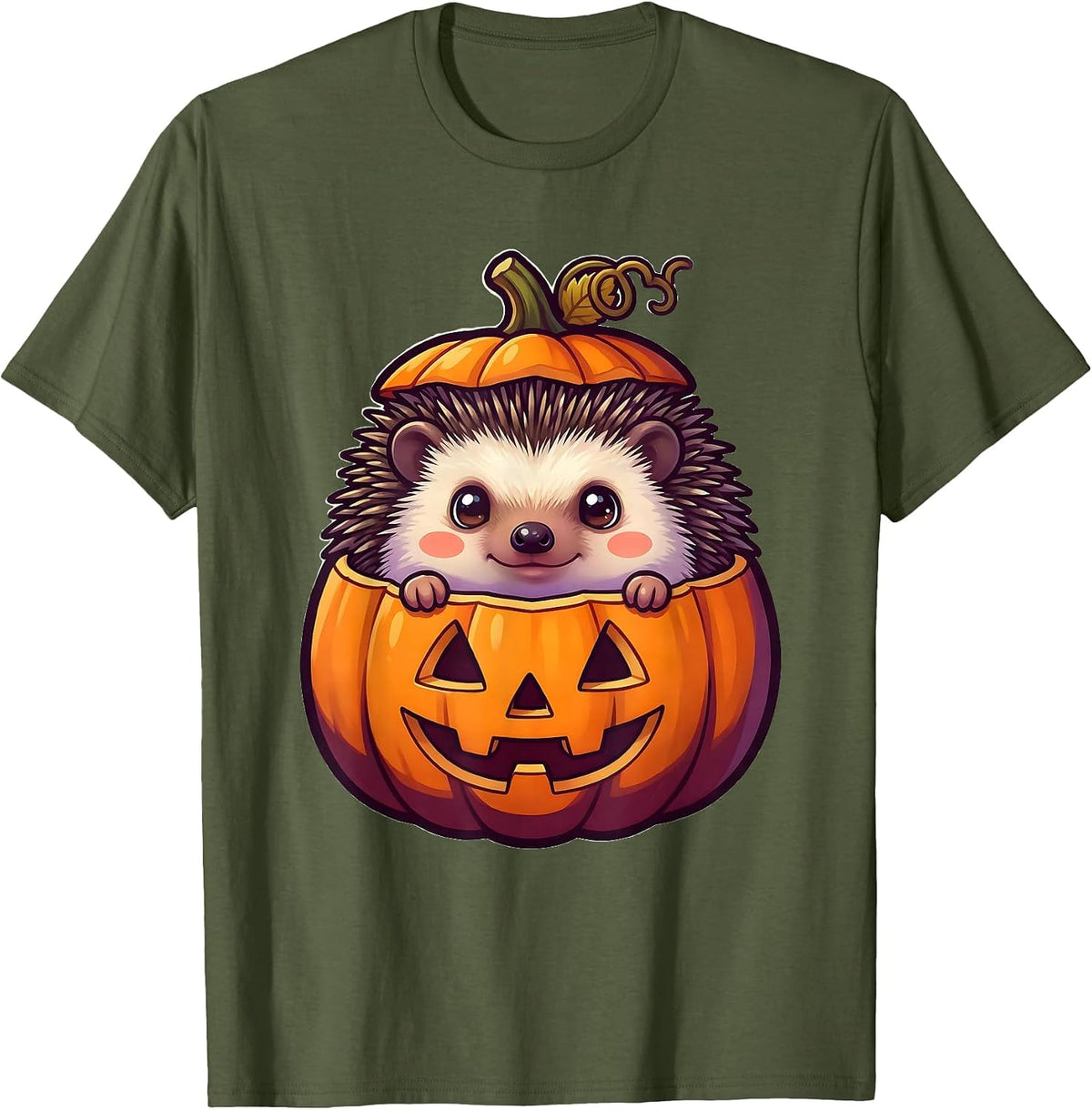 Men's Cute Chibi Hedgehog Pumpkin Halloween Kids Humor T-Shirt - Olive Green