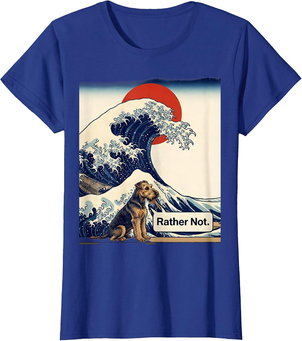 Women's Rather Not Ukiyo-e Airedale Terrier Surfing Great Wave T-Shirt - Royal Blue