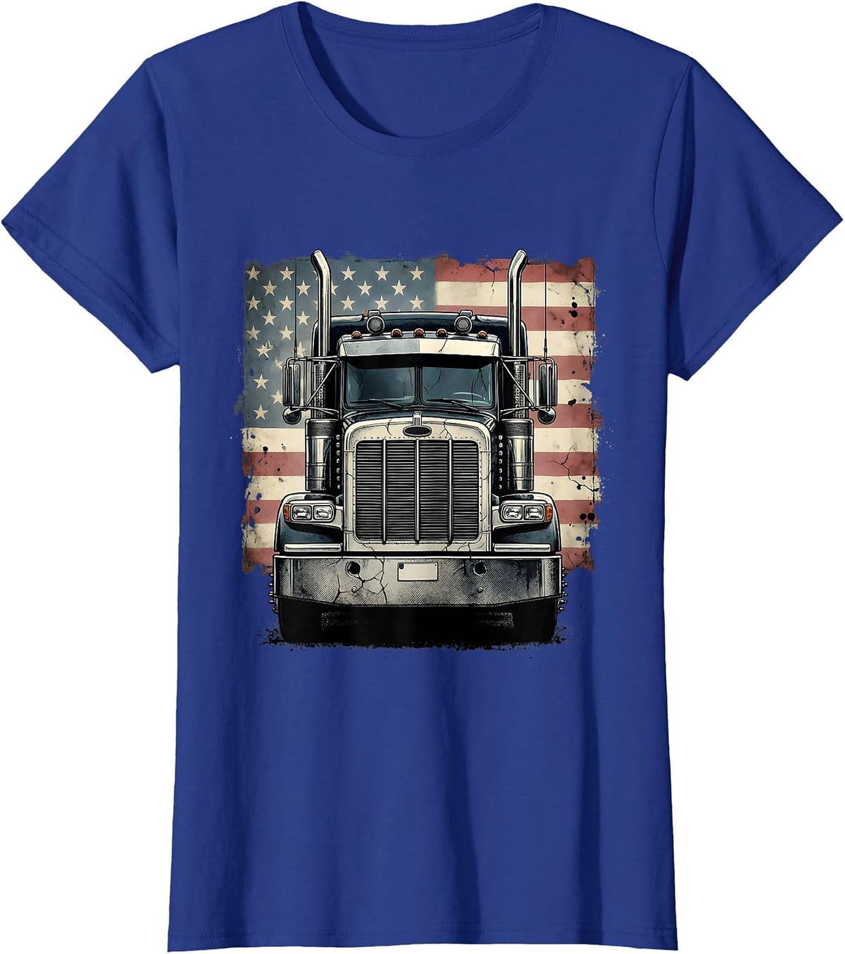 Women's American Flag Semi Truck Driver Distressed Patriotic Trucker T-Shirt - Royal Blue