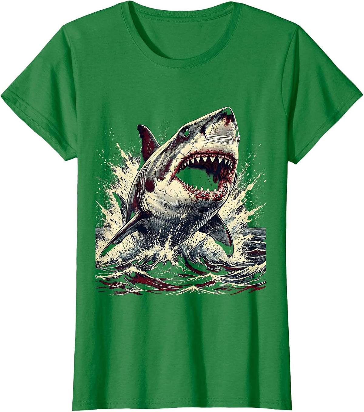 Great White Shark Ocean Burst Graphic Design T-Shirt - Kelly Green