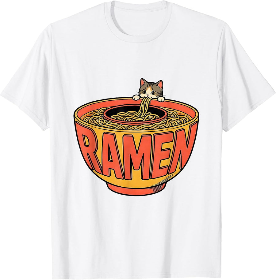 Men's RAMEN Kawaii Anime Cat Funny Japanese Humor T-Shirt - White