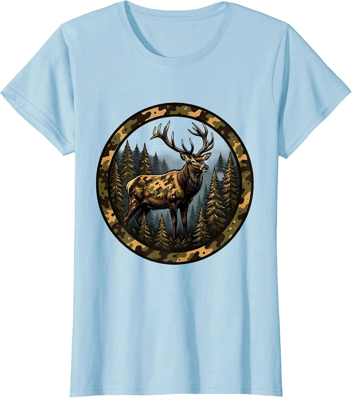 Elk Silhouette Misty Pine Forest Camo Design T-Shirt - Baby Blue