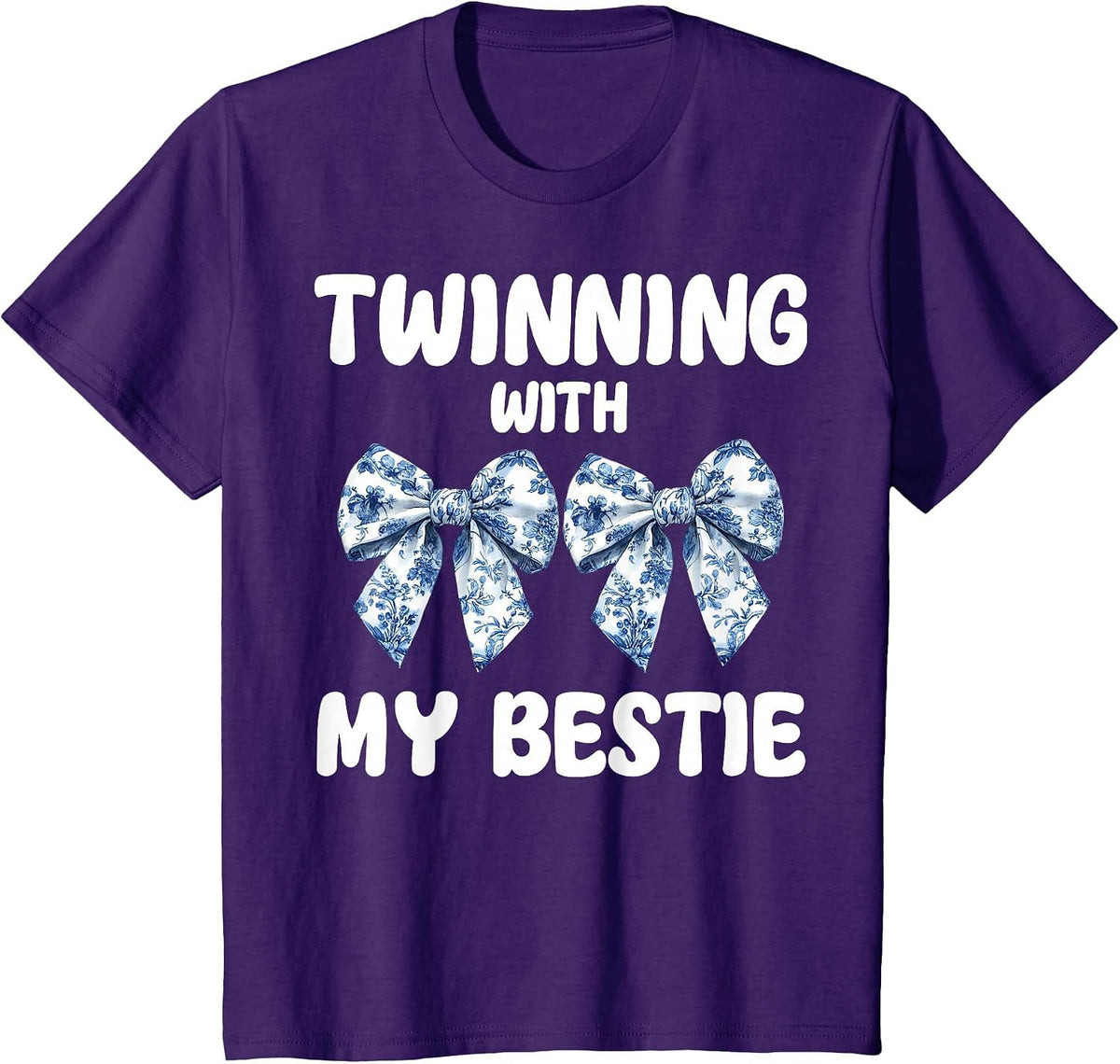 Cute Twinning with My Bestie Blue Toile Bow Coquette Bow T-Shirt - Purple