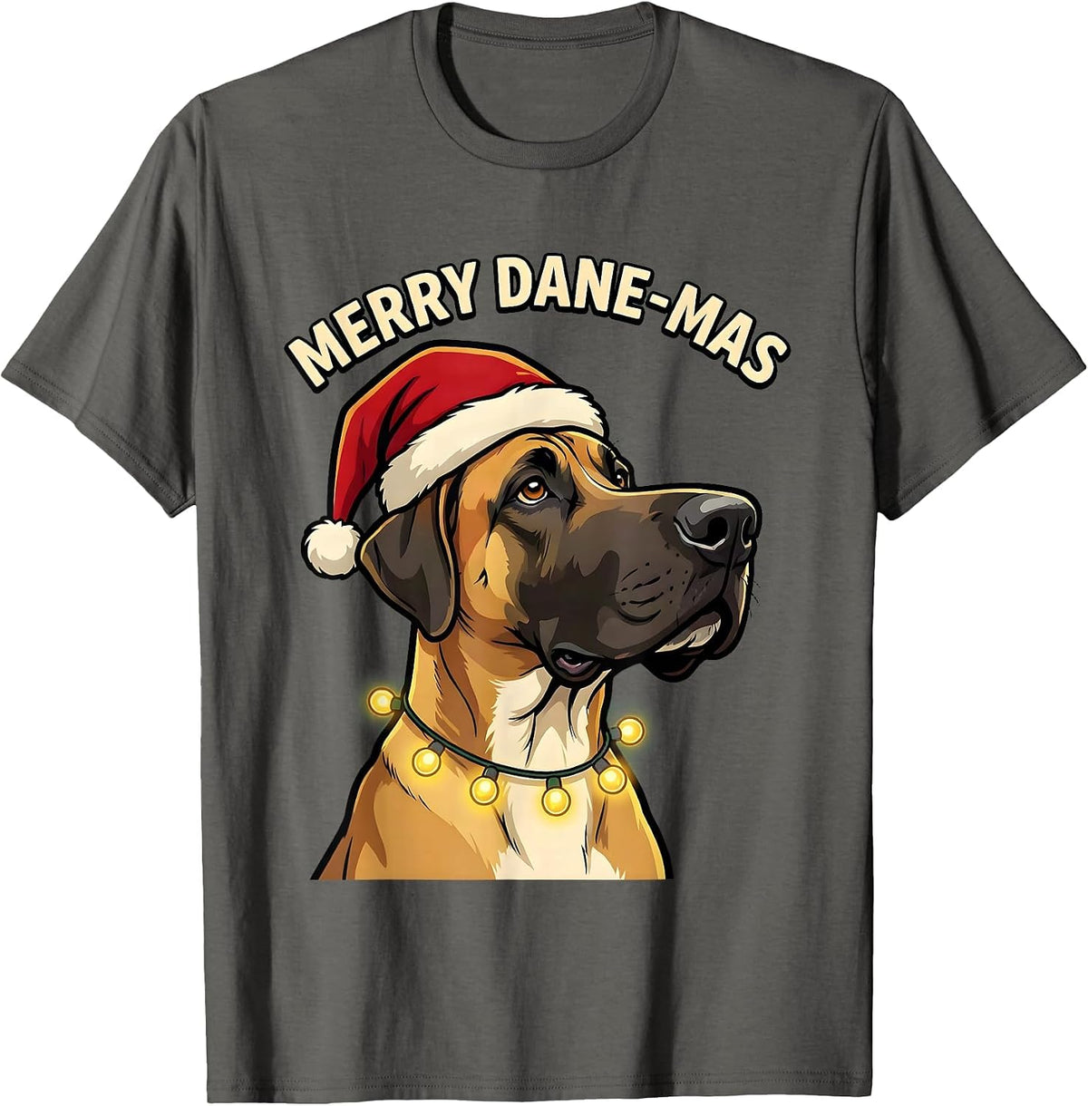 Men's Merry Dane-mas Cartoon Great Dane Christmas Dog Lover Humor T-Shirt - Asphalt Grey